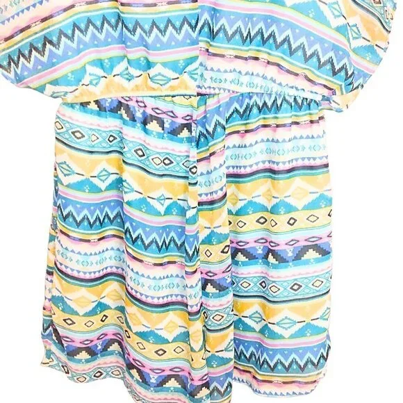 FRANCESCA'S COLLECTIONS BLUE YELLOW AND PINK BOHEMIAN GEO PRINT ROMPER - Picture 3 of 3